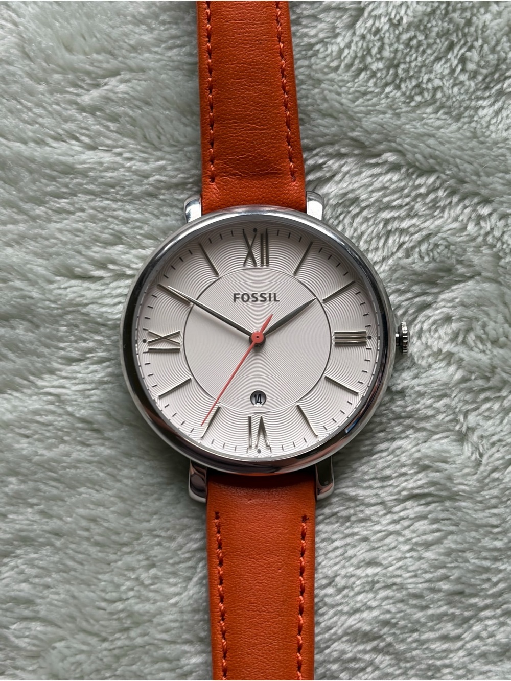 Fossil  Silver Case Watch with Orange Leather Strap Watch